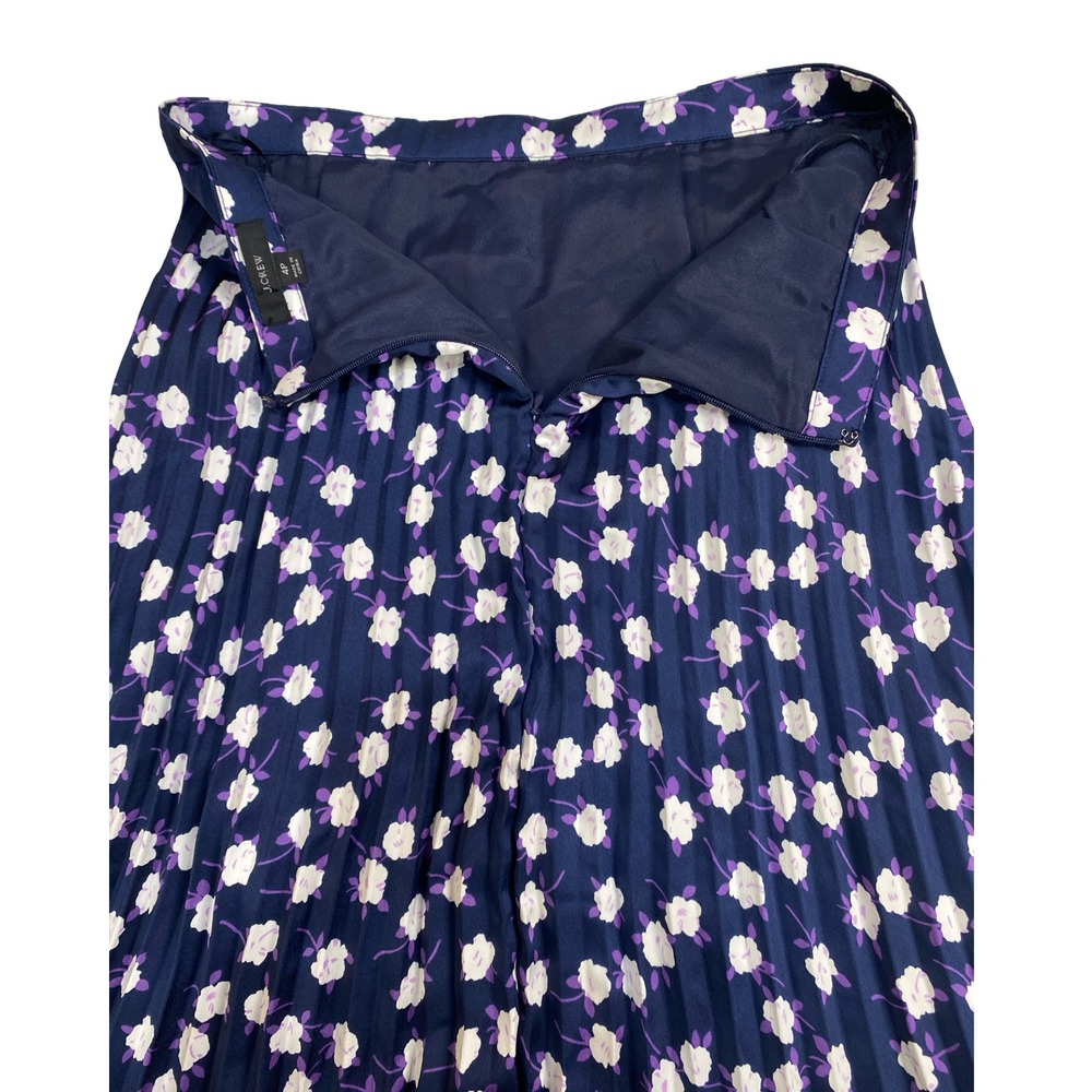 J.Crew Navy Blue Floral Pleated Midi Skirt Petite 4P Purple White Flowers A-Line - Picture 7 of 10